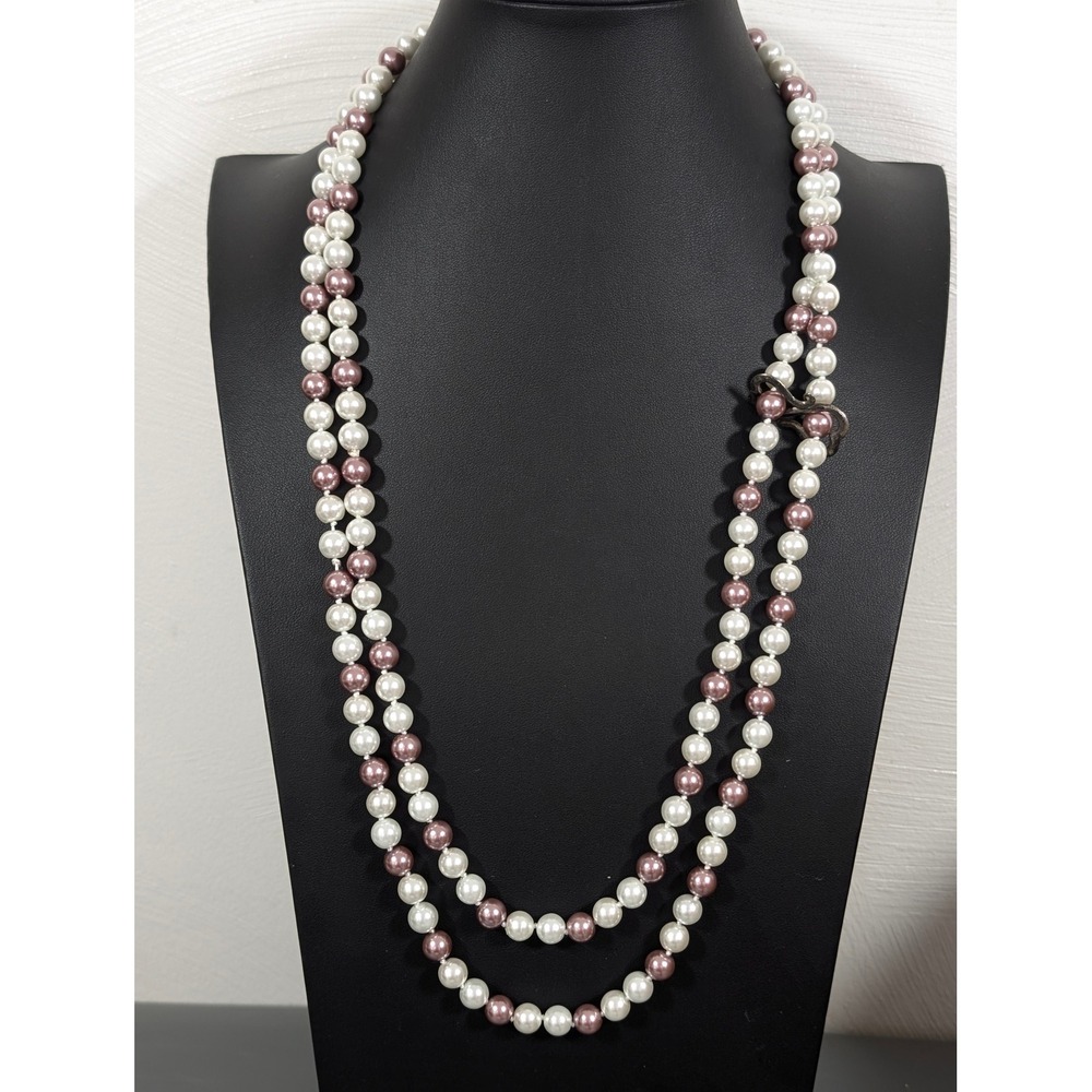 Long Faux Pearl Necklace White Purple Glass‎ Beads 925 Heart Enhancer 60"
